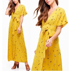 Yellow Plunging V Neck Floral Faux Wrap Maxi Dress